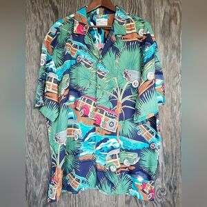 Vintage Tropical Car Theme Pattern Button Down Shirt Vaca Resortwear Golf Xl